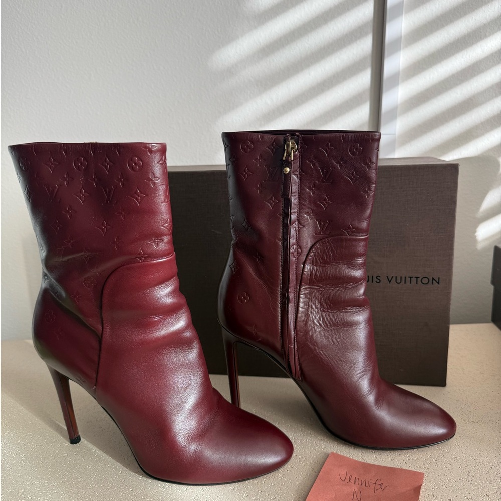 Louis Vuitton Wine Red Leather Mid-Calf Stiletto Boots